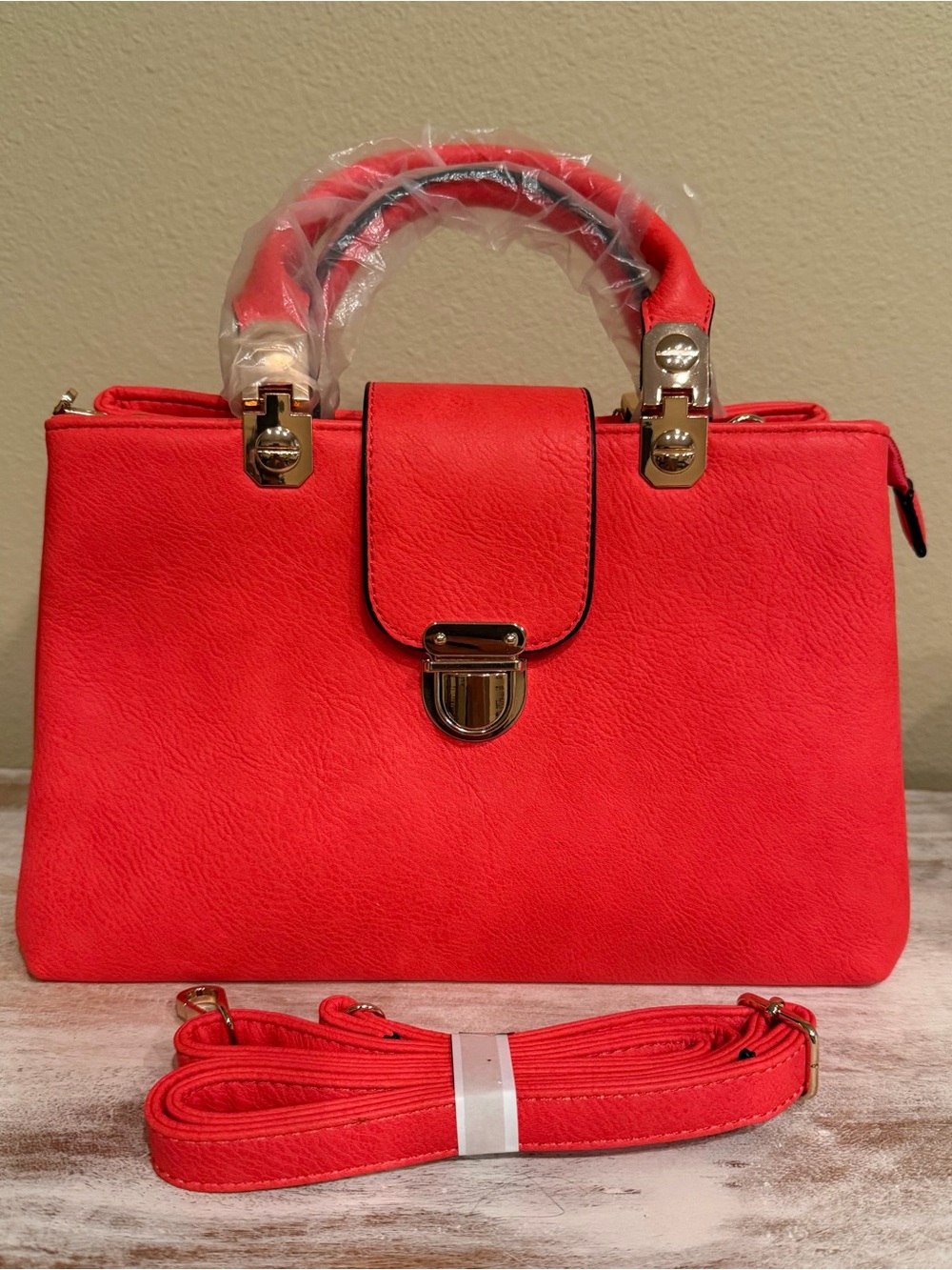 Structured Red Top-Handle Satchel with Detachable Strap